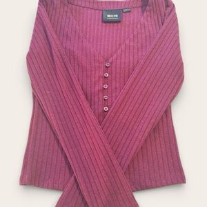 Maeve by Anthropologie Ribbed Henley Top XS | Burgundy Long Sleeve